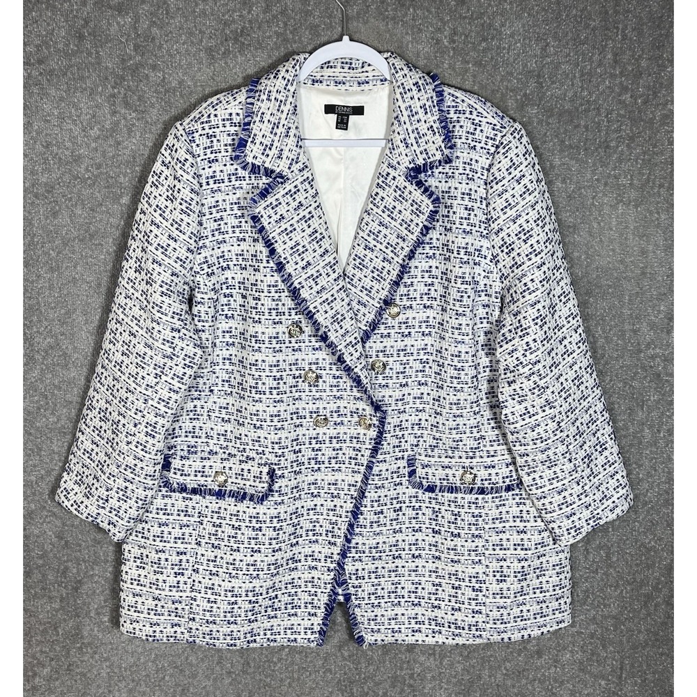 Dennis Basso Tweed Notched Lapel Jacket Womens Size 28W White Blue Fray Pockets